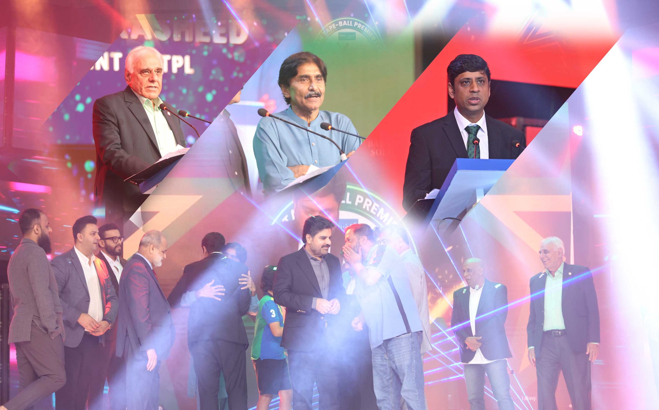 PTPL leadership team featuring Javed Miandad, Haroon Rasheed, Sadia Shaikh, and Zohair Naseer representing Pakistan Tape Ball Premier League management.