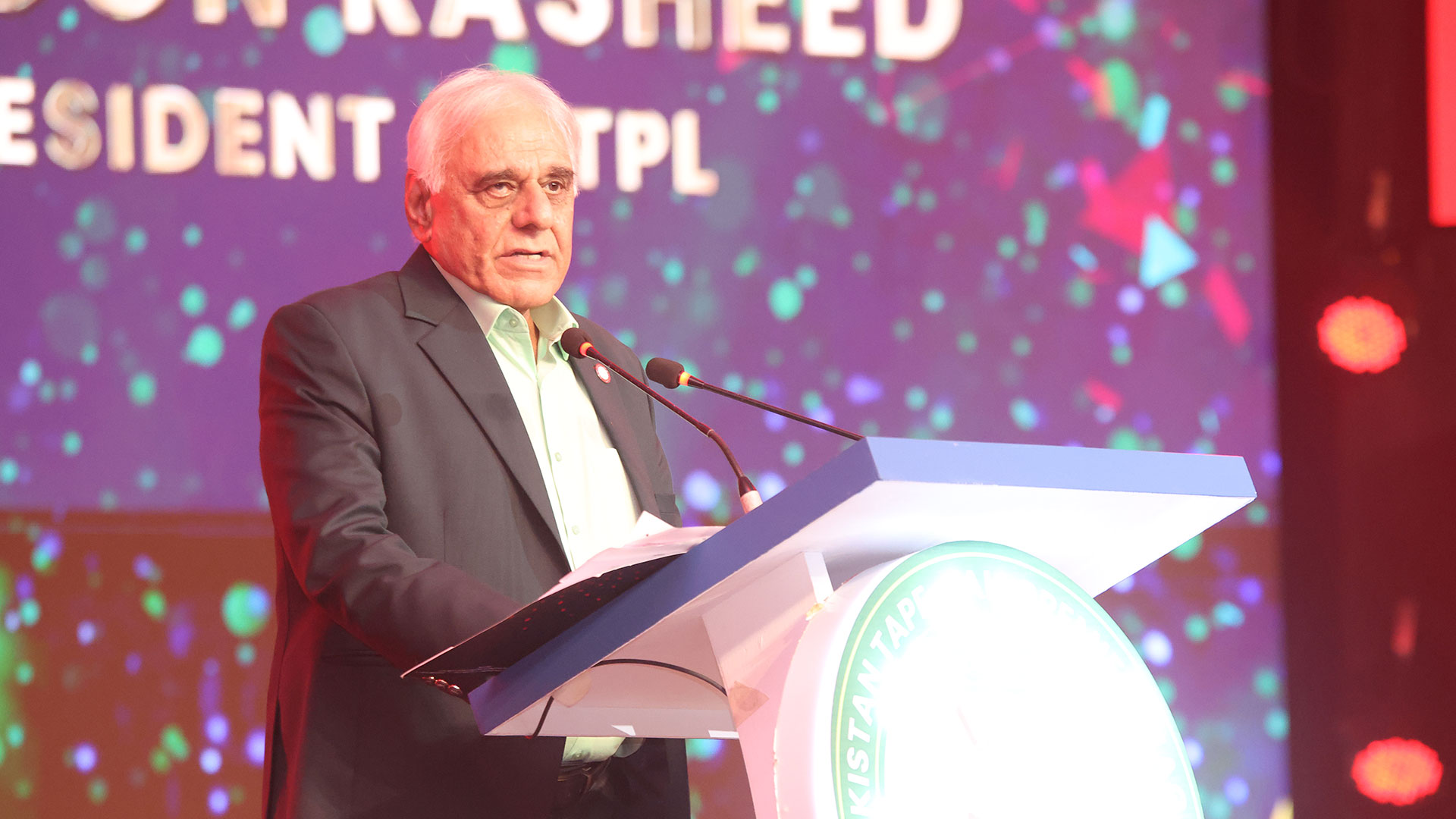 Haroon Rasheed, Senior Vice President of Pakistan Tape Ball Premier League (PTPL), delivering an inspiring speech at the soft launch of PTPL 2025.